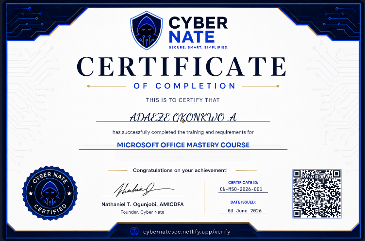 Cyber Nate Academy Certificate of Completion - Microsoft Office Mastery Course